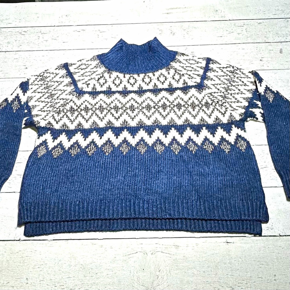 Lucky Brand Women’s Fair Isle Mock Neck Knit Pullover Sweater Blue/White XL